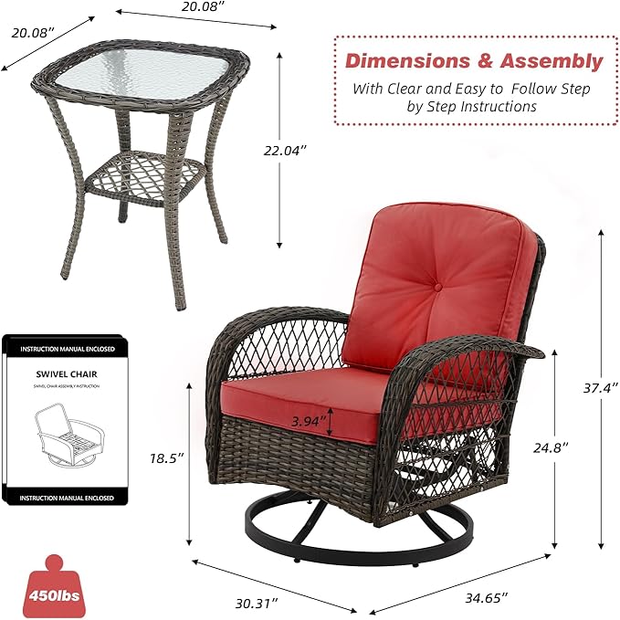 EROMMY 3 Pieces Outdoor Swivel Rocker Patio Chairs, 360 Degree Rocking Patio Conversation Set with Thickened Cushions and Glass Coffee Table for Backyard, Wine Red