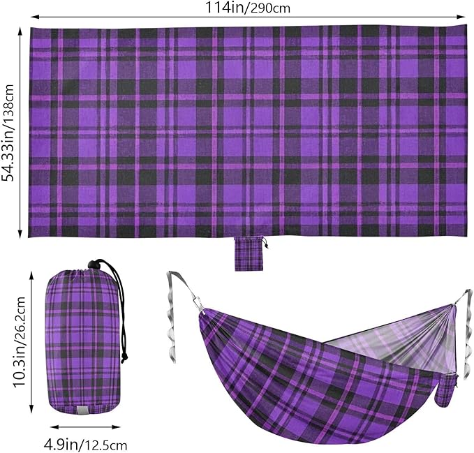 Vintage Buffalo Plaid Checked Purple 330lb Capacity Hammocks with Hanging Rope Fabric Hammock for Indoor Outdoor Patio Base para hamaca