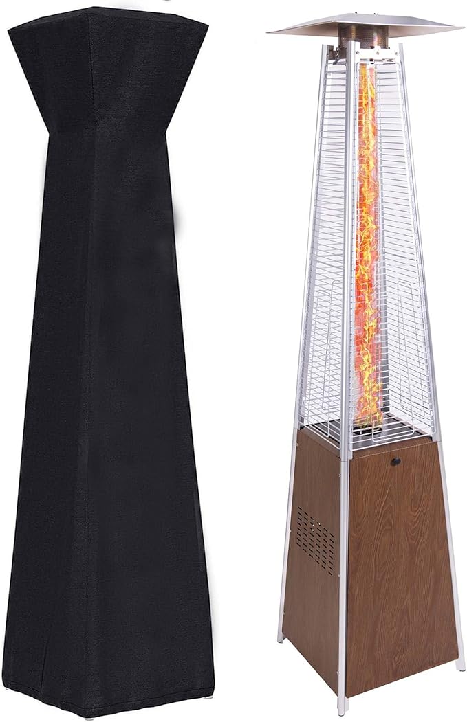 【48,000 BTU Pyramid Patio Heater】Outdoor Propane Heater with Wheels & Cover, 360° Heating for Terrace Garden Poolside, Commercial Residential Use, Stainless Steel Glass Tube Design (Brown)
