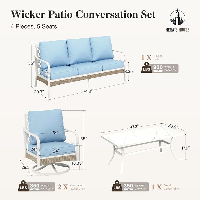 HERA'S HOUSE Patio Furniture Set with Metal & Rattan Design 4 Pieces, 2 x Swivel Chairs, 1 x 3-Seat Sofa & Marble Coffee Table, All-Weather Outdoor Conversation Set for Garden Backyard Lawn, Blue