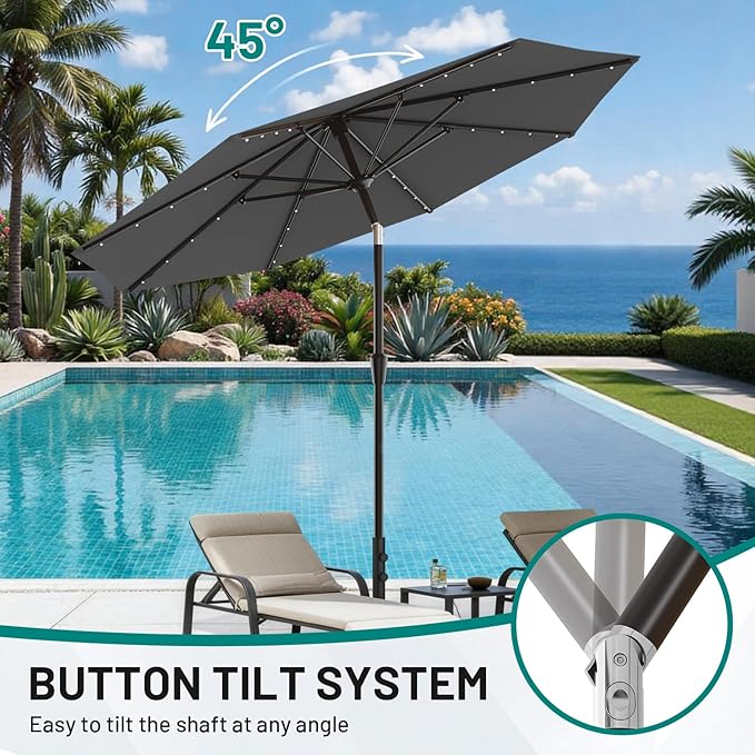 AreShark 9FT Patio Umbrella with Solar Lights, 32 Lighted Pool Umbrella w/Tilt and Crank, Outdoor Market Solar Umbrellas for Garden, Deck, Backyard, Pool and Beach, Gray