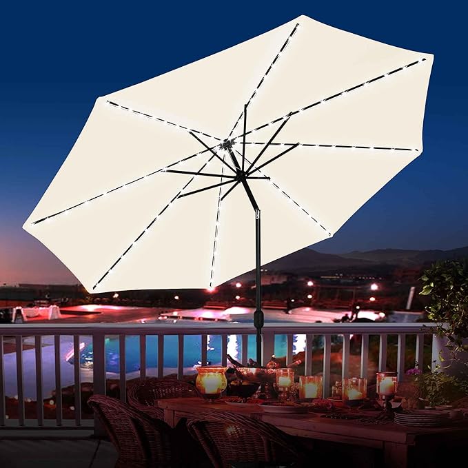 Sundale Outdoor OLEFIN LED Solar Patio Umbrella with Sand Bag Umbrella Base, Outdoor Umbrella with Tilt and Crank