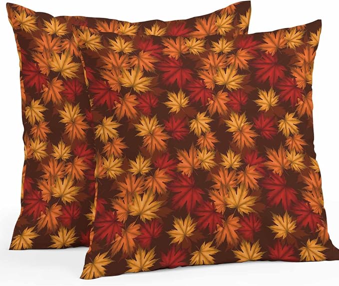 Brown Thanksgiving Outdoor Waterproof Pillow Covers, Fall Maple Leaves Farmhouse Vintage Decorative Square Throw Pillowcase Sofa Cushion Sham for Patio/Couch/Chair, 20"x20" 2 Pack