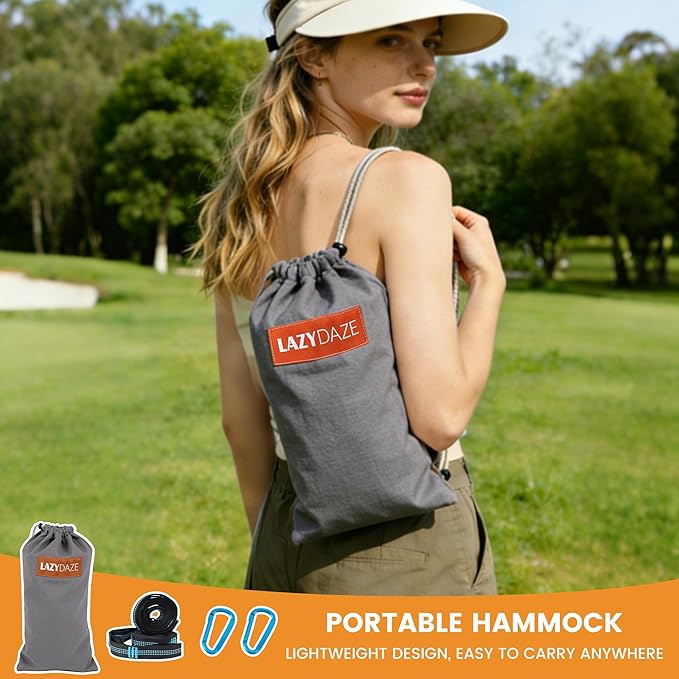 Lazy Daze Hammocks Extra Large Double Hammock, Portable Camping Hammock with Travel Bag & Tree Straps for Outdoor, Camping, Backyard, Patio, 550lbs Capacity, Light Gray