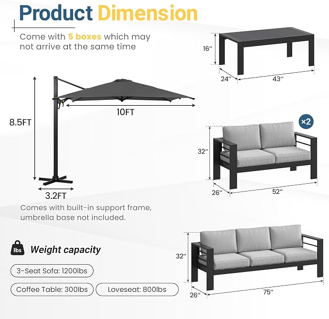Wisteria Lane 5 Pieces Aluminum Patio Furniture Set with Umbrella, All Weather Oversized Outdoor Furniture Set with Deep Seat and Back Cushion, Patio Conversation Sets Wide armrest, Light Gray & Gray