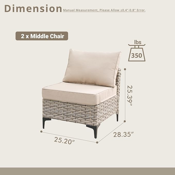 2 Pieces Patio Sectional Furniture Set, Outdoor Wicker Sectional Couch Middle Seats, Modern Conversation Set for Porch Balcony Backyard, Beige