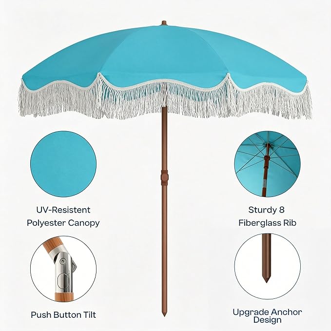 7FT Patio Umbrella with Fringe, Outdoor Tassel Umbrella with Fiberglass Ribs, Boho Beach Umbrella, Push Button Tilt and Carrying Bag, UPF50+