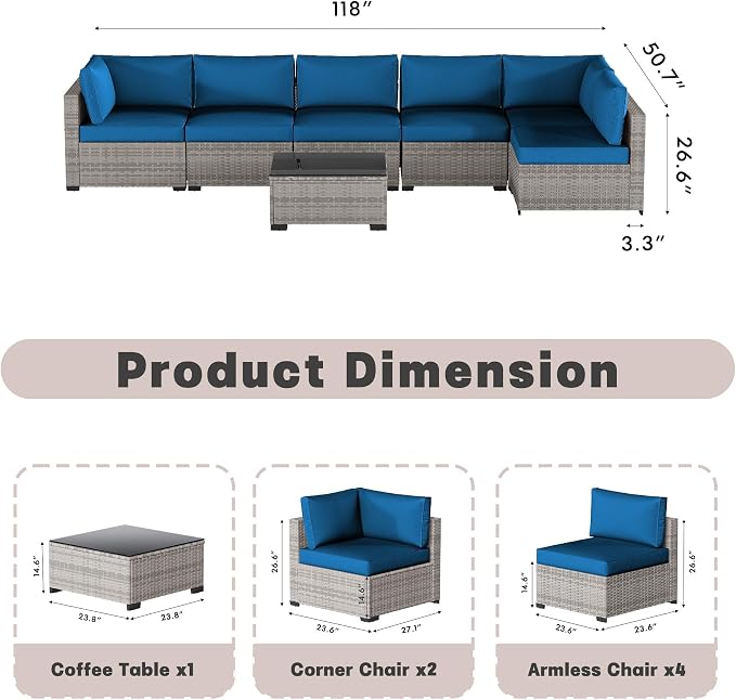 Patio Furniture Set 7 Pieces Conversation Set Wicker Outdoor Sectional Sofa,Ergonomic Armrests Couch with Cushion and Glass Table (Grey White-Peacock Blue, 7 Piece-Single)