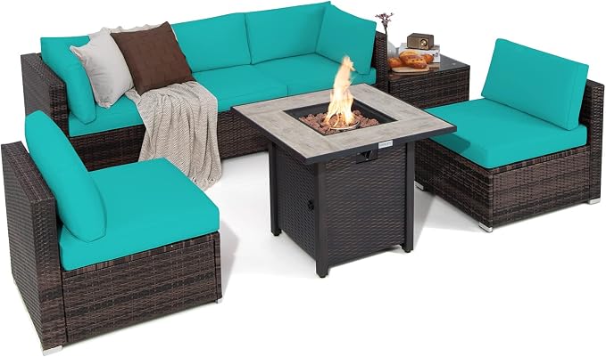 Tangkula 7 Piece Patio Furniture Set with Fire Pit Table, Patiojoy Outdoor PE Wicker Conversation Sectional Sofa Set with 30 Inches 50,000 BTU Propane Fire Pit Table, Waterproof PVC Cover (Turquoise)