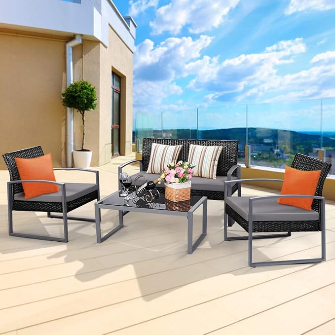 Tangkula 4 PCS Outdoor Patio Furniture Rattan Wicker Conversation Set, As pic