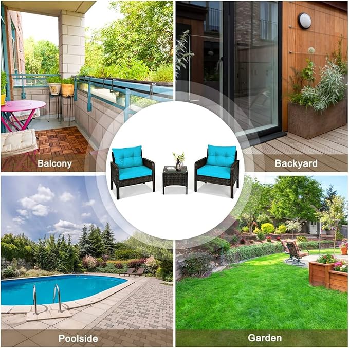 HAPPYGRILL 3 Piece Patio Furniture Set Outdoor Rattan Wicker Coffee Table & Chairs Set with Seat Cushions Patio Conversation Set for Garden Balcony Backyard Poolside