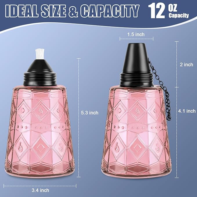 4-Pack Glass Table Top Torches - 12oz Refillable Citronella Torches Canisters for Outdoor, Includes Wick & Cap, Decorative Lanterns for Patio, Garden, Yard, Party, Landscape (4 Pack-Pink)