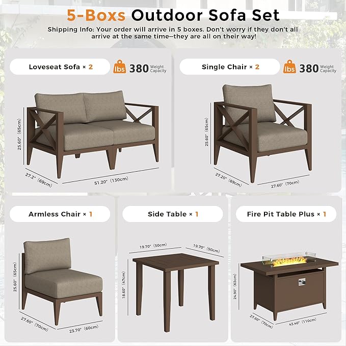 Aluminum 7-Seats Outdoor Patio Furniture Set with 43" Fire Pit Table, Sectional Conversation Sofa with 5.2" Thick Cushions & Coffee Table, Rust-Resistant Frame Seating Sofa for Porch, Backyard, Brown