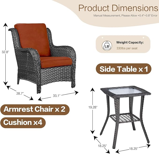 3 Pieces Patio Furniture Conversation Set PE Rattan Wicker Outdoor with 2 Armrest Chair and 1 Coffee Side Table, Soft Thick Washable Cushion for Yard Backyard Poolside Garden (Grey/Orange)