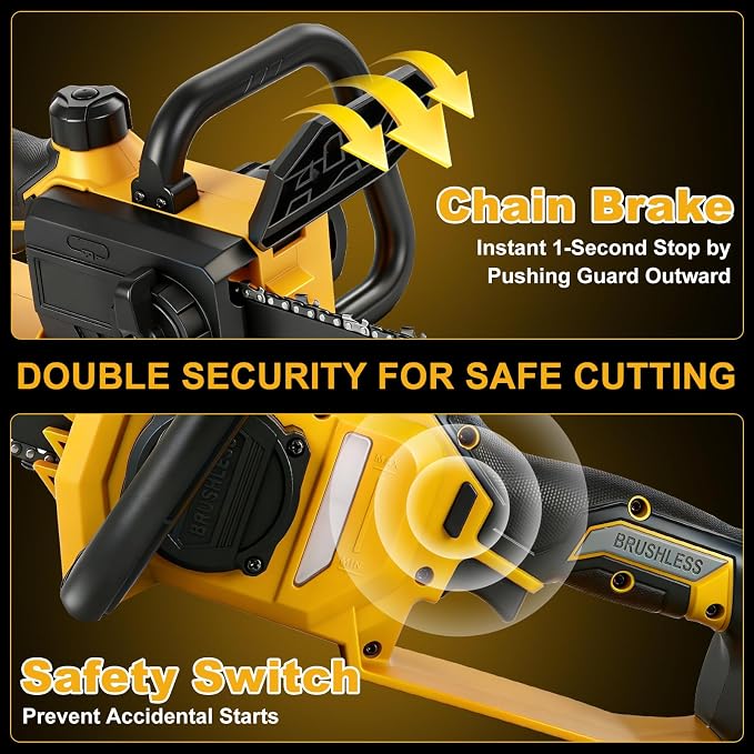 12 Inch Brushless Chainsaw Cordless for Dewalt 20V Battery, Handheld Electric Chain Saw with 3 Chains, Tool-free Chain Tension and Auto Oiling for Wood Cutting Tree Trimming (Battery Not Included)