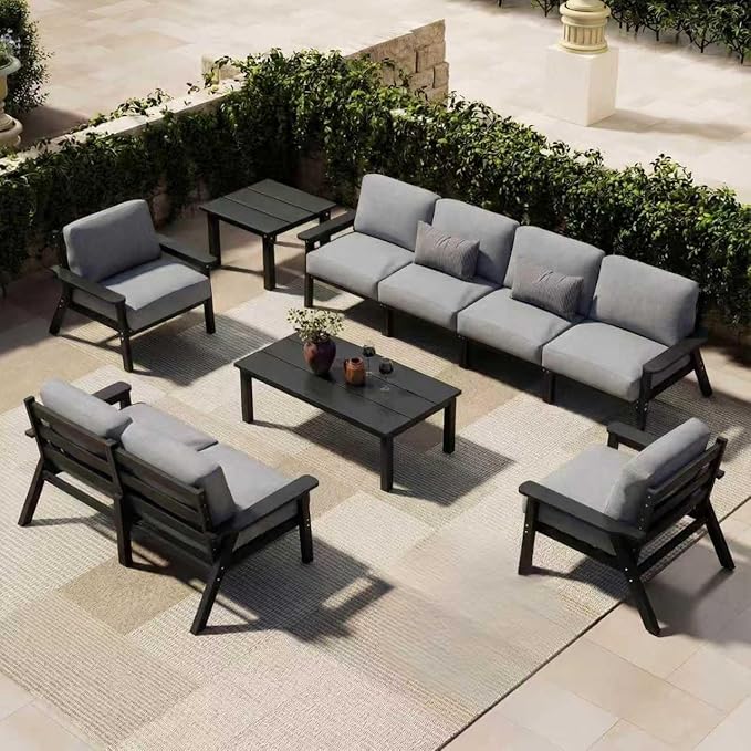 Patio Furniture Set 8 Seats, 4-Seater and 2-Seater Outdoor Sofas with Gray Washable Thick Cushions, Patio Conversation Sets for Lawn, Garden, Porch, Balcony, Deck (White Frame)
