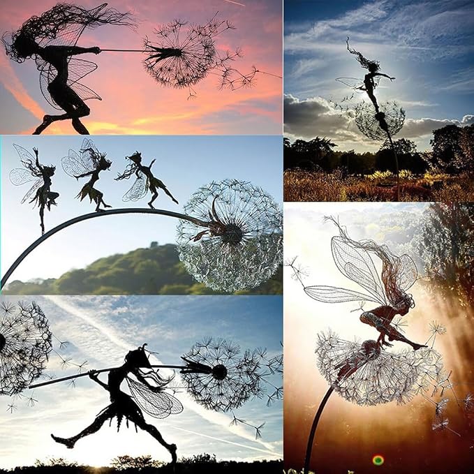 Fcteap Flower Fairy Dancing with Dandelion Garden Art Sculpture Stainless Steel Statue Christmas Halloween Decoration for Outdoor Yard Courtyard Lawn Patio Metal Ornaments (Hurdle)