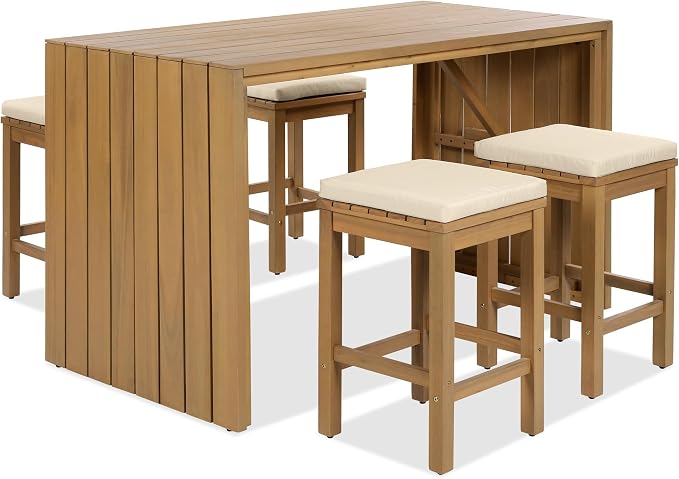 5 Piece Outdoor Bar Set, Patio Acacia Wood Bar Height Table & Four Stools with Cushions, Wood Dining Bar Set for Backyard, Poolside, Balcony