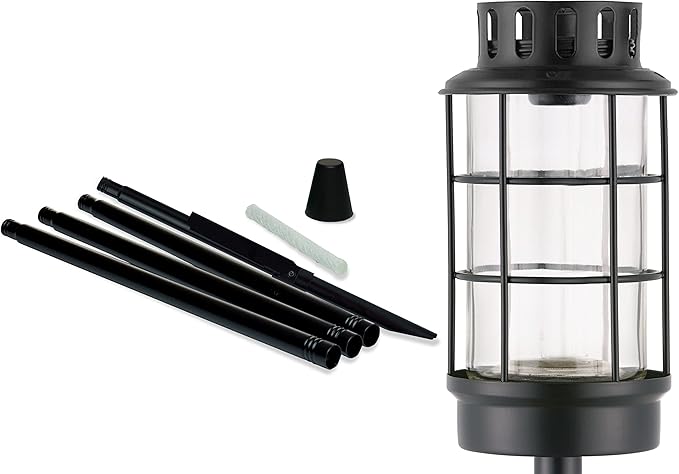 TIKI Outdoor Glass Lantern Torch – Weather-Resistant Decorative Torch for Patio, Garden & Backyard with 4-Piece Adjustable Height Pole, Fiberglass Wick & Snuffer, Black