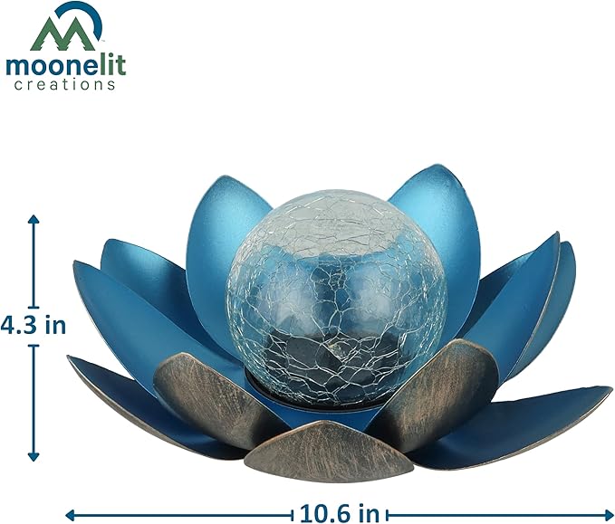 MCSLOTUS-B Blue Lotus Flower Solar LED Garden Light with Crackled Glass Globe – Waterproof Metal Outdoor Décor
