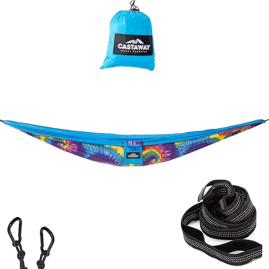 Castaway Travel Hammocks Double Tie Dye Camping Hammock with 2 Tree Straps, Triple Stitched Durable Nylon Material, Compact Design for Backpacking, Travel, Beach, Backyard, Patio, Hiking