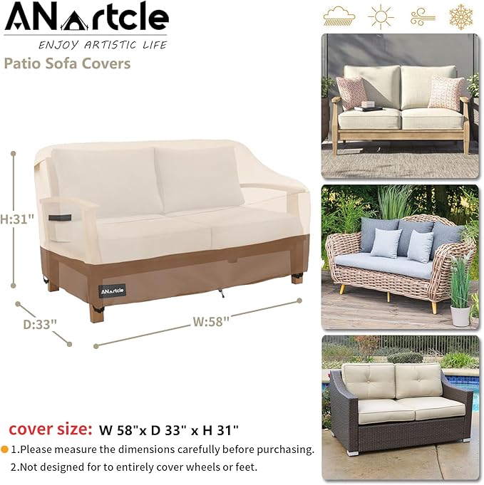 ANartcle 2-Seater Patio Loveseat Cover,58W x 32.5D x 31H Inches Outdoor Couch Cover,100% Waterproof Heavy Duty Patio Sofa Covers,Patio Furniture Covers,Beige&Brown