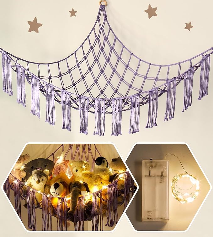 Stuffed Animal Storage Hammock Corner X-Large with LED Light - Baby Hammock Hanging Holder Plushies Net for Stuff Animals Organizer - Cute Room Decor Aesthetic Kids Toddler Nursery Bedroom