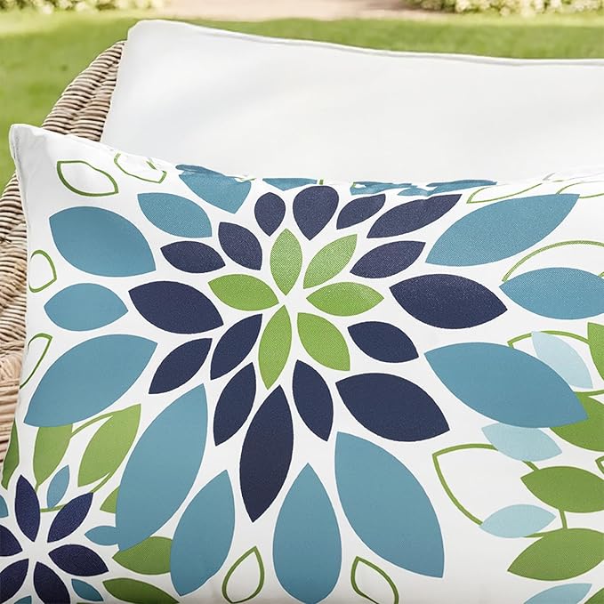 Floral Outdoor Pillow Covers Waterproof Spring Throw Pillow Cases Blue Green 16x16 Inch Set of 2 Decorative Summer Cushion Covers for Patio Furniture Garden Bench Porch Sofa