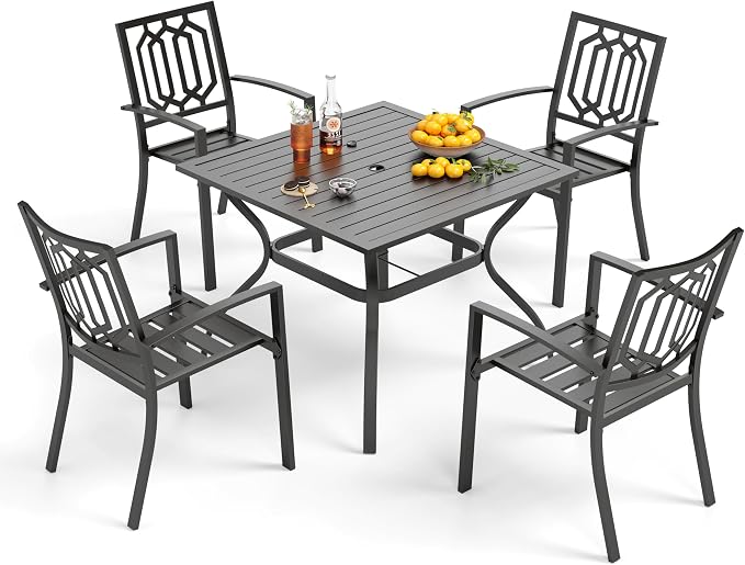 PHI VILLA Patio Dining Set, 4 Stackable Chairs w/Square Metal Table | 37" square metal table w/ 1.57" umbrella hole. Rust-resistant e-coated frame.. Easy assembly. Perfect for patio,deck