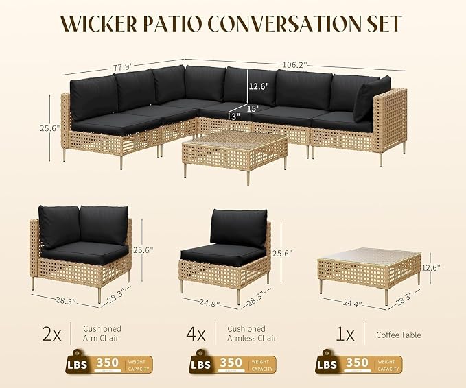 8-Piece Outdoor Wicker Patio Furniture Set with Sectional Rattan Sofa and Coffee Table Thick Cushions for Backyard Lounge(Black)