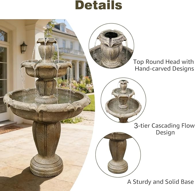 Naturefalls 48" Water Fountain Outdoor - Large Waterfall Fountain Outside, 3-Tiers Cascading, Fiber Reinforced Concrete, Indoor and Outdoor Fountain for Garden, Patio, Backyard, Lawn, Yard Decor