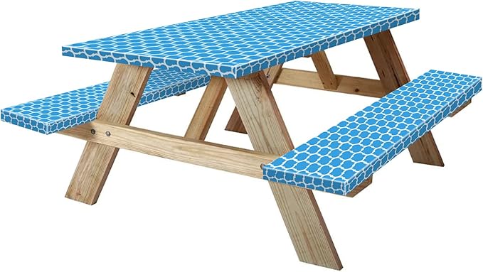 KENOBEE 6ft Picnic Table and Bench Cover, Camping Essentials RV Gear, 72 in Waterproof Windproof Outdoor Elastic All Around Tablecloth, Fitted Rectangle Tables and Seats, Blue-White Moroccan
