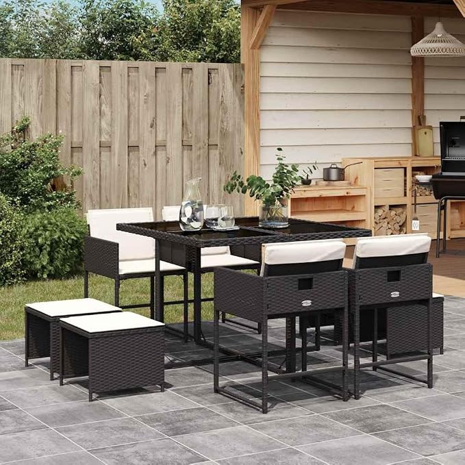 9-Piece Rattan Patio Dining Set, Rectangular Table, Black & Cream | Includes 8 stackable chairs with removable cushions, ideal for outdoor backyard and terrace family gatherings.