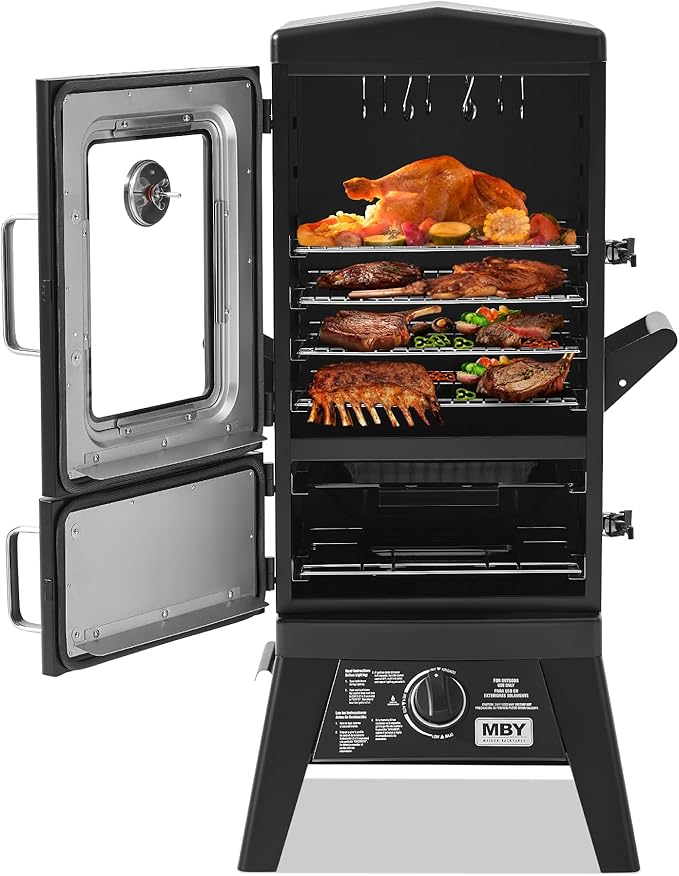 Propane Smoker with Cover, Vertical Smoker Grill with Temperature Control Outdoor Heavy Duty Three Removable Smoking Shelves, Metal Black