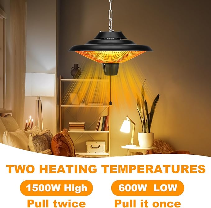 Glooglitter Outdoor Hanging Patio Heater 1500W Electric Hanging Ceiling Mounted Infrared Heater with Storage bag 3s Fast Heating, Quiet, Adjustable Chain, for Home Garage Balcony Studio