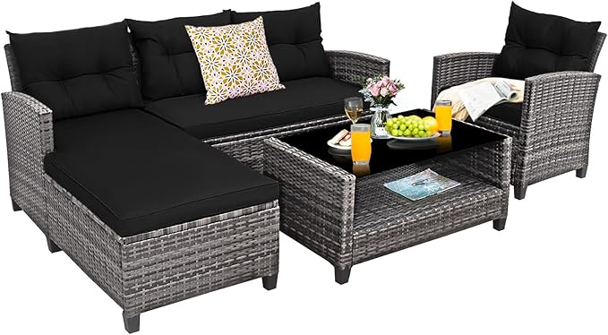 Tangkula 4 Pieces Rattan Conversation Set, Patiojoy Outdoor Furniture Set with Cushions, Lounge Sofa Set with Coffee Table, Patio Sectional Sofa Set for Patio Garden Poolside Backyard (Black)