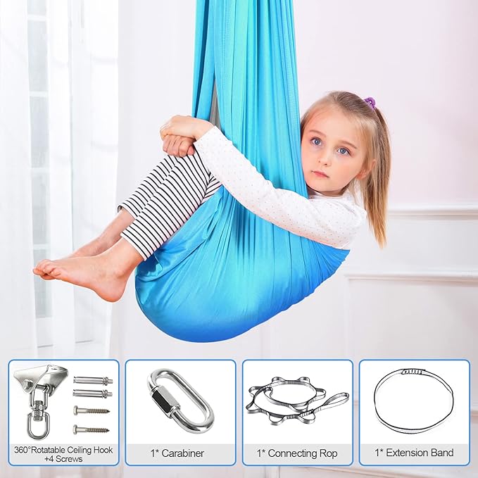 Therapy Swing Hammock Kids Cuddle Sensory Swing Indoor Therapeutic Hammock 360° Rotating Double Layer Elastic Rocking Cloth Swing Gifts for Children with ADHD SPD Asperger Autism (Sky Blue+Grey)