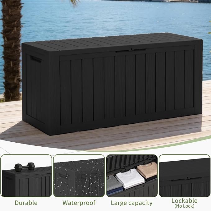 95 Gallon Outdoor Deck Storage Box, All Weather Vertical Wood Grain Lockable Storage Container for Poolside, Patio & Backyard Large Outdoor Storage (Black,95GAL)