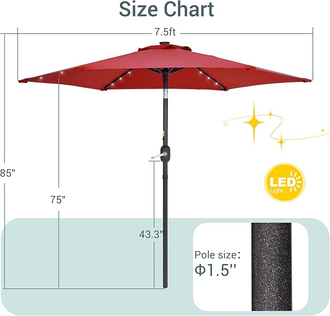 7.5ft Outdoor Umbrella Patio Umbrella with Solar Lights,18 LED Lighted Table Market Outdoor Umbrella, 2-Year-Non-Fading, for Pool, Deck, Garden,Backyard