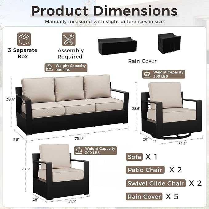 Outdoor Patio Furniture Set, 5-Piece Aluminum Patio Conversation Set All-Weather Metal Outdoor Sectional with 6 Inch Thick Cushions, Deep Setting for Garden, Outside and Porch, Beige