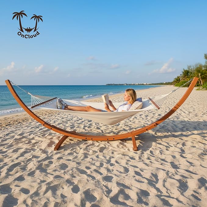 ONCLOUD Premium Double Hammock Set with Curved Hardwood Stand - 10.5ft Outdoor Relaxation System (400lb Capacity) (Teak, 14ft Set)