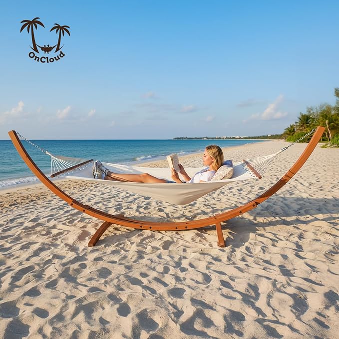 ONCLOUD Premium Double Hammock Set with Curved Hardwood Stand - 10.5ft Outdoor Relaxation System (400lb Capacity) (Teak, 14ft Set)