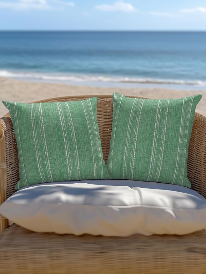 Vandarllin Waterproof Outdoor Pillow 1 Pack Sage Green Linen Stripes Decorative Throw Pillows Cover & Insert 16x16 Inch Pillowcase Parallel Vertical Lines Pillows for Couch Sofa Bed Patio Furniture