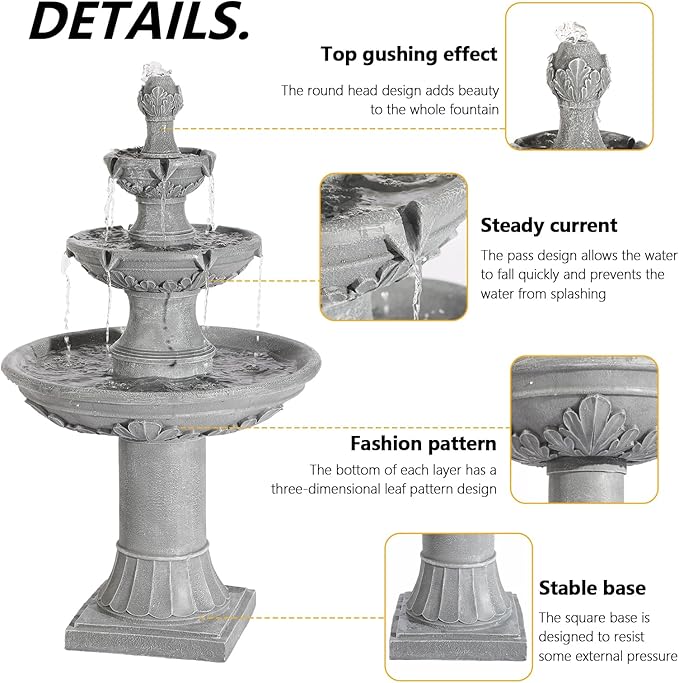 TITIMO 48" High Italian Feature Freestanding Water Fountain Outdoor and Indoor,3-Tier Roman Pillar Waterfalls Fountains for Garden,Patio,Yard,Deck,Backyard,Porch (Gray)