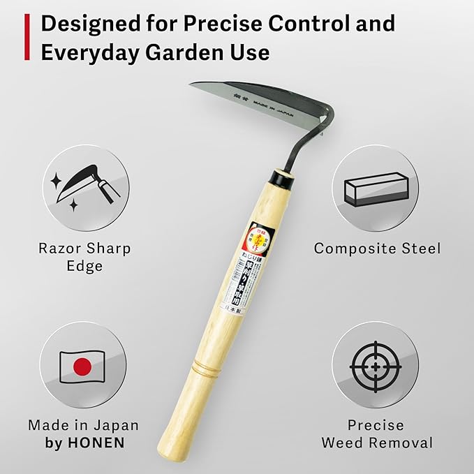 Japanese Weeding Sickle, Hand Weeder Tool for Surface Weed Removal, Tight Spaces and Light Grass Cutting, Made in Japan by HONEN