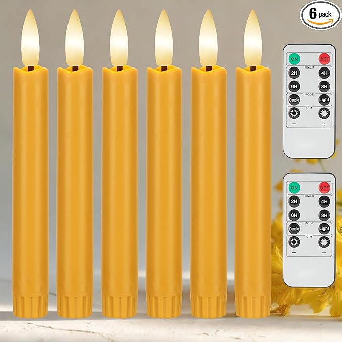 Yellow Flameless Taper Candles with Remote, 6.4" Battery Operated LED Candles, Flickering Flameless Candlesticks for Table Centerpieces, Wedding, Farmhouse, Dinner Decor, Set of 6