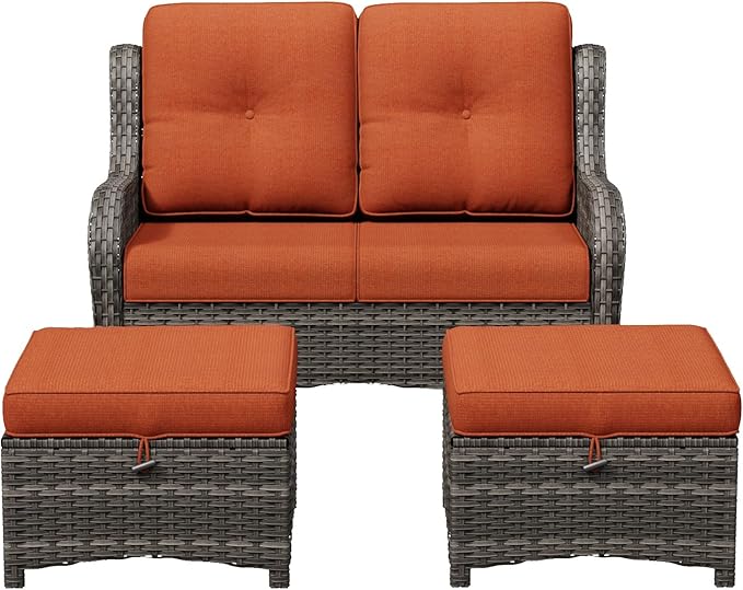 3-Piece Outdoor Couch Set, 1 Wicker Patio Loveseat with Thickened Olefin Cushions, High Back and Deep Seating, Hand-Woven PE Rattan and 2 Ottomans, Patio Conversation Set for Porch, Deck