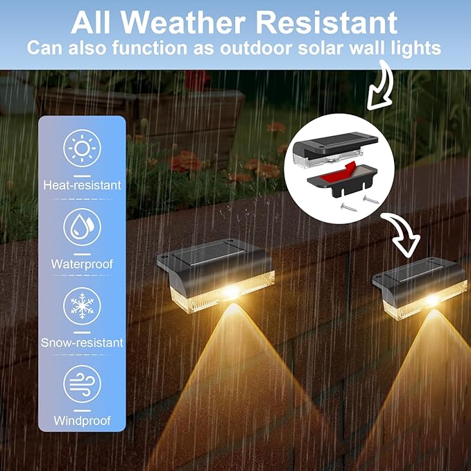 AGOTD Solar Fence Lights Outdoor, 8 Pack Fence Light Solar Powered Wall Lighting, Deck Lights Waterproof Led for Outside, Garden, Backyard, Patio, Pathway, Railing, Pool, Stairs, Step, Warm White