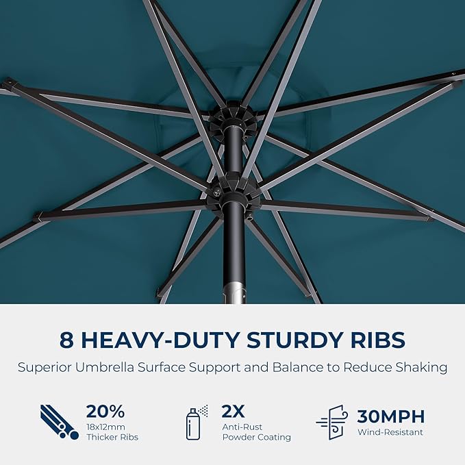HOMSHADE 9ft Solar Patio Umbrella - Solar Lights LED Lighted UPF50+ UV Protection Umbrella, Outdoor Market Table Umbrella with Push Button Tilt, Crank for Pool Deck and Garden (Peacock Blue)