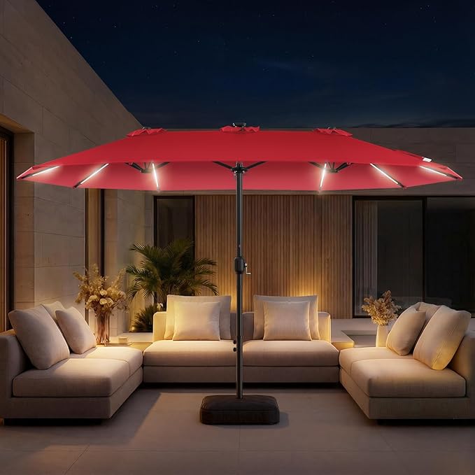 HOMSHADE 15FT Double Sided Umbrella with Light Bar and Base, Rectangle Oversized Patio Umbrellas, Extra Large Outdoor Table Umbrella for Pool, Patio, Garden (Burgundy Red)